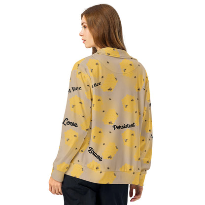 Back view of women’s affirmation track jacket with all-over bee and honeycomb design.