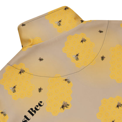 Close-up of high mock neck in the back of bee design eco-friendly track jacket, designed by Anke Wonder.
