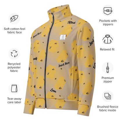 Flat lay of women’s track jacket with English eco-label and design callouts.