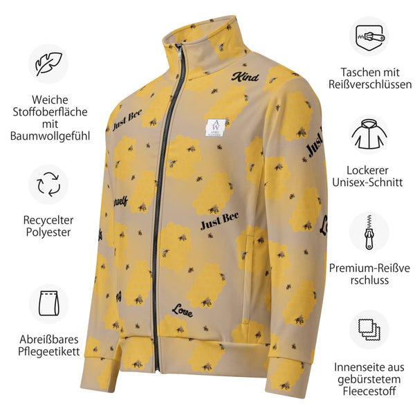 Flat lay of bee track jacket with German product details, emphasizing affirmations and sustainable fabric.