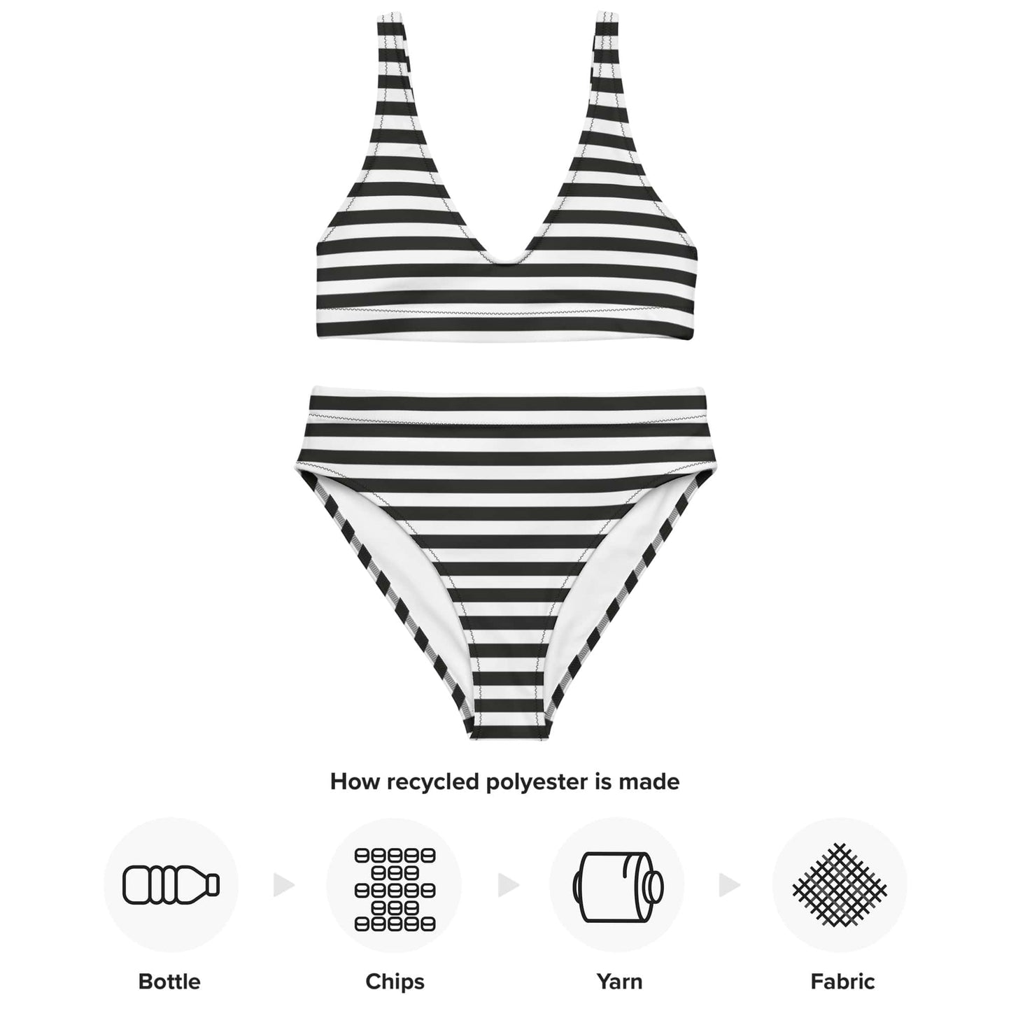 Black and white striped swimsuit with recycling process icons on a white background