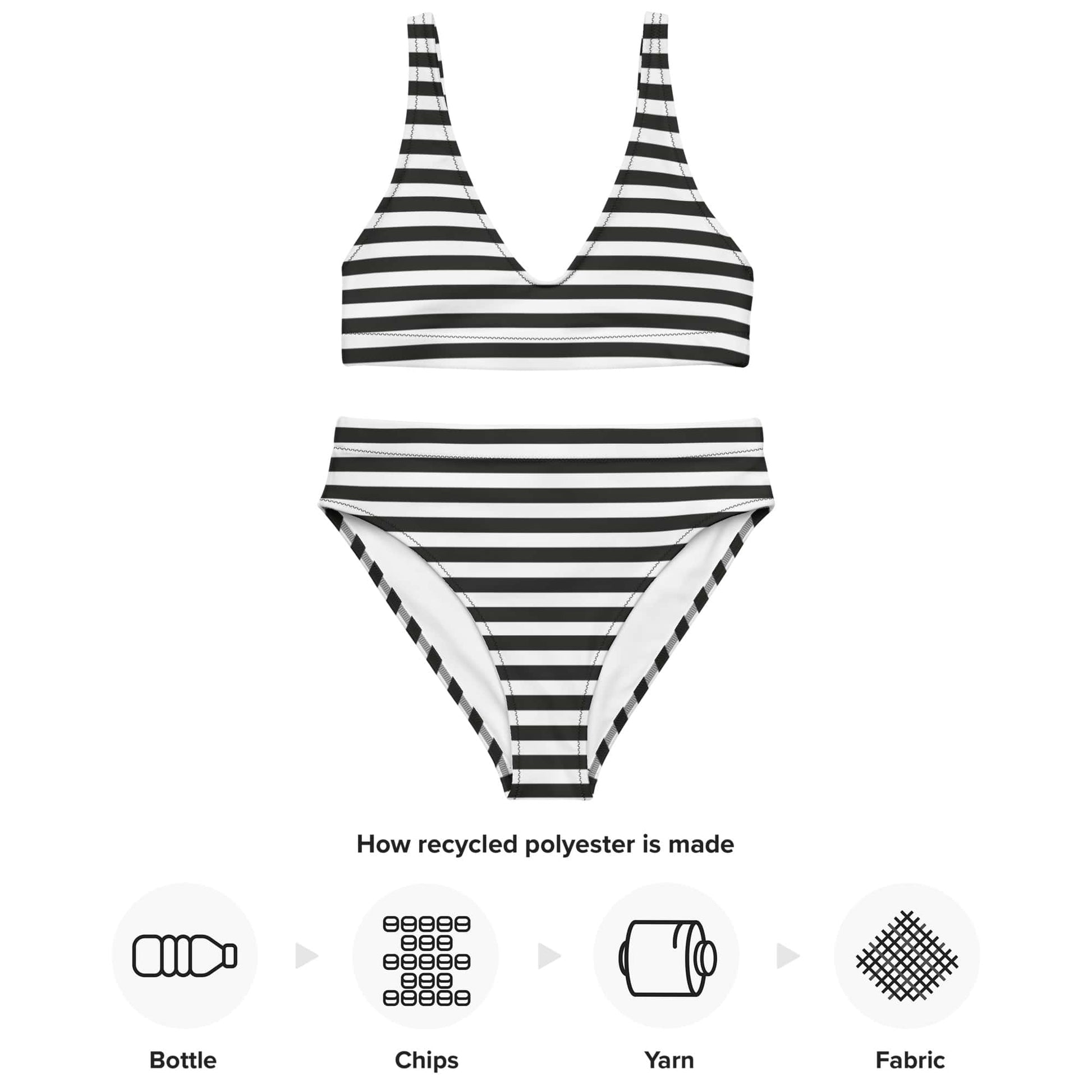 Black and white striped swimsuit with recycling process icons on a white background