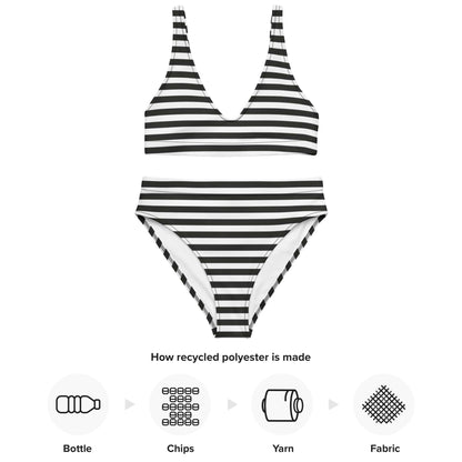 Black and white striped swimsuit with recycling process icons on a white background