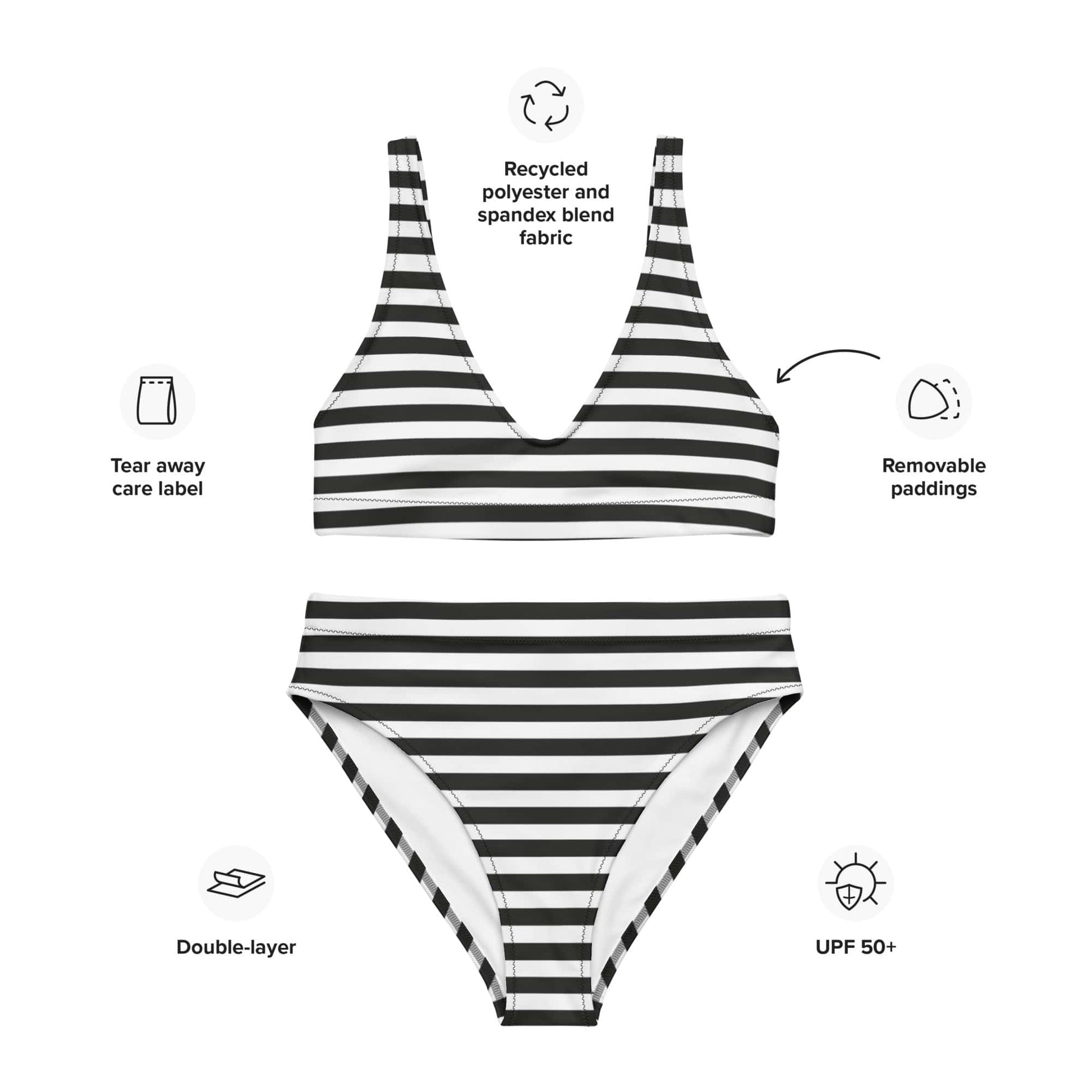 Black and white striped swimsuit with features highlighted on a white background