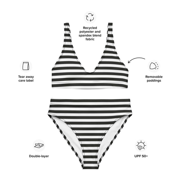 Black and white striped swimsuit with features highlighted on a white background