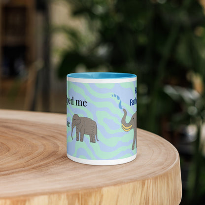 Full view of blue-handle Father’s Day elephant mug – 11oz ceramic coffee cup with heartwarming message for dad, microwave and dishwasher safe.