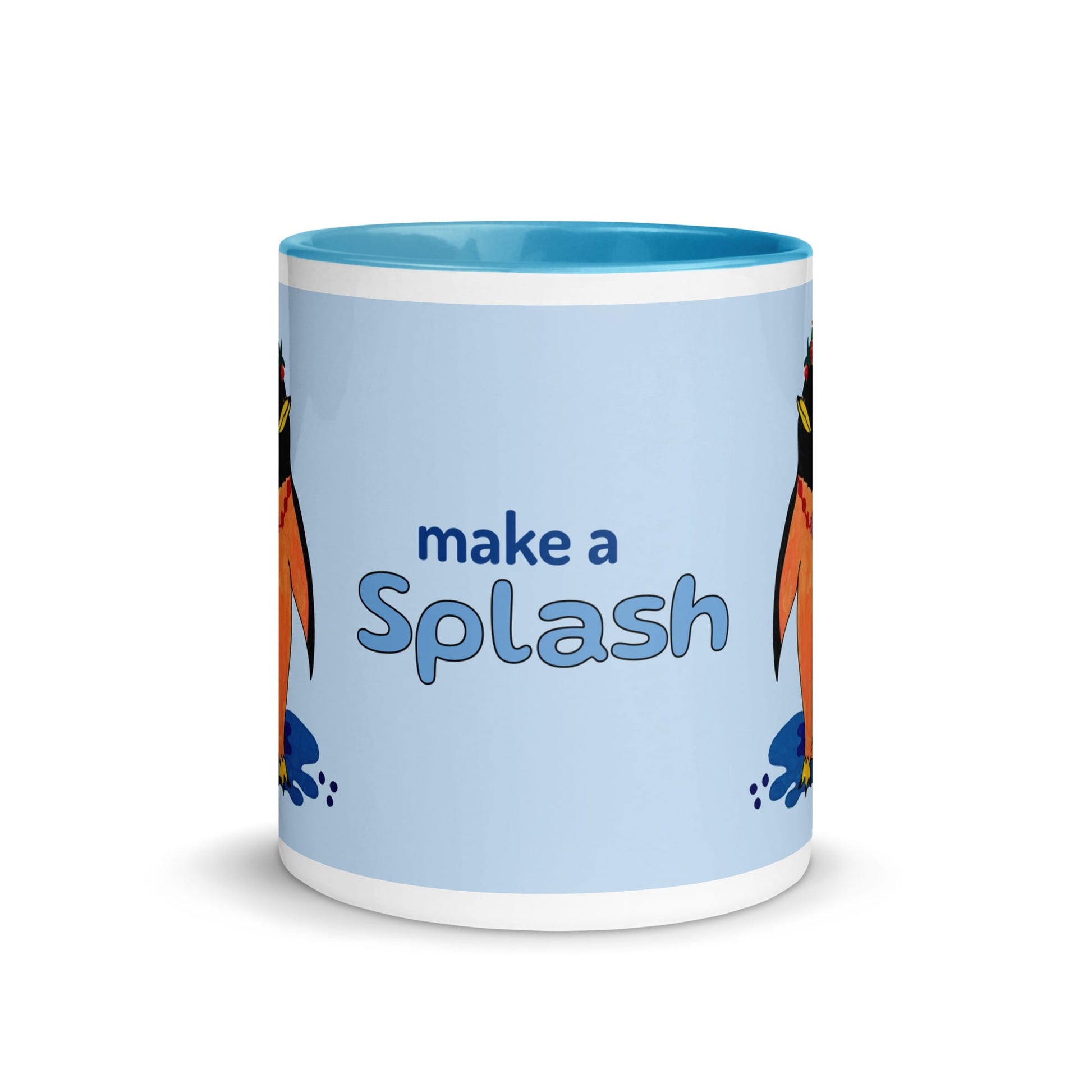 Light blue mug with 'make a Splash' text and penguin cartoon characters on a white background