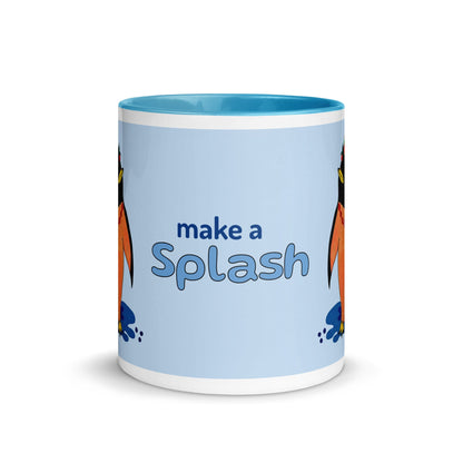Light blue mug with 'make a Splash' text and penguin cartoon characters on a white background