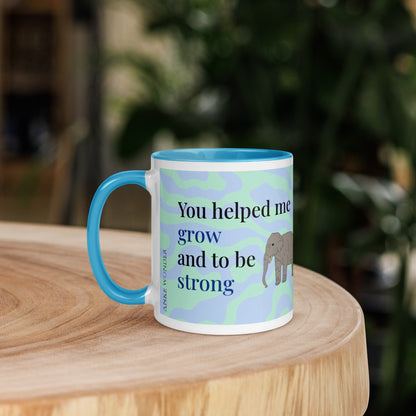Left side of Father's Day ceramic mug with elephant illustration and message 'You helped me grow and to be strong' – 11oz dishwasher and microwave safe gift for dad.