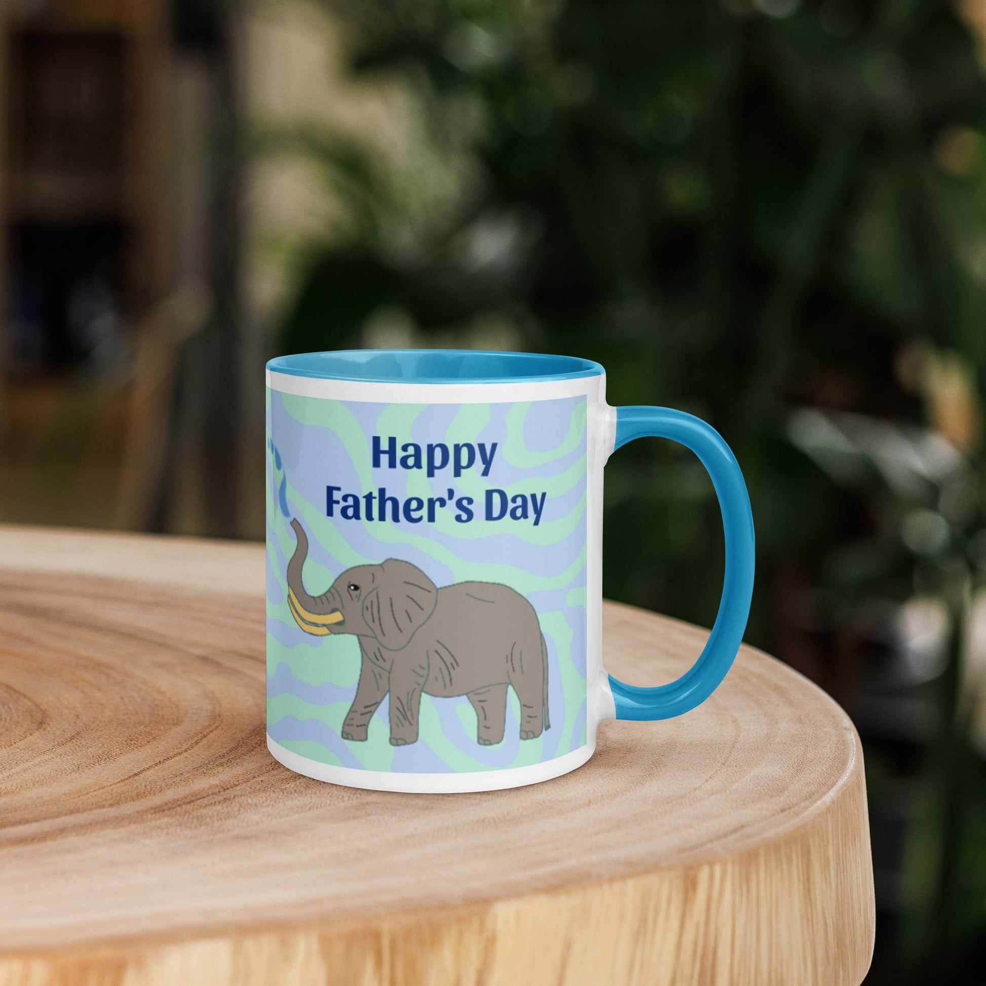 Right side of 11oz Father’s Day mug with cartoon elephant and 'Happy Father’s Day' text – colorful ceramic coffee mug for everyday use, dishwasher safe.