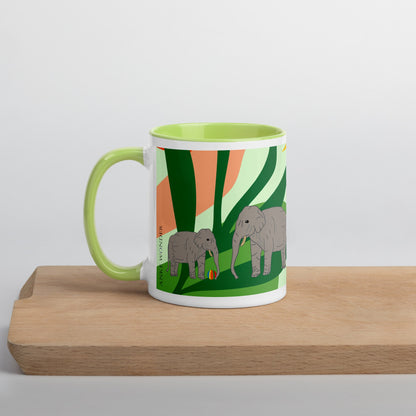 Left side of green-handled elephant mug showing a vibrant, abstract jungle setting with two grey elephants – illustrated by Anke Wonder.