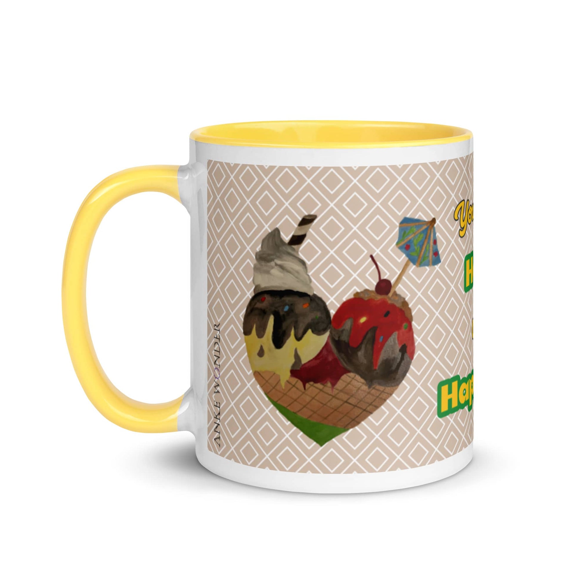 Left side of a ceramic mug with a yellow handle, showcasing a hand-drawn heart made of colorful ice cream scoops.