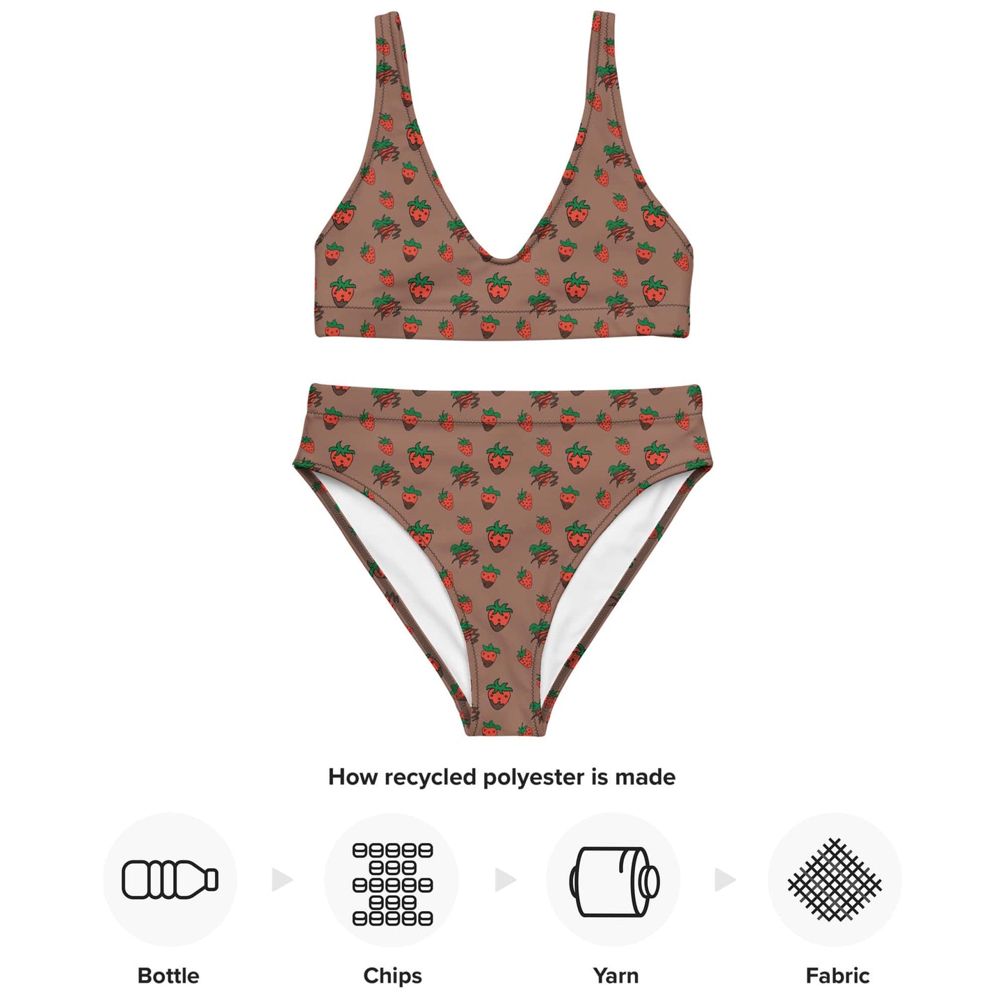 Flat lay of a brown high-waisted bikini with cute strawberry print made from recycled polyester, shown with infographic of recycled material process.