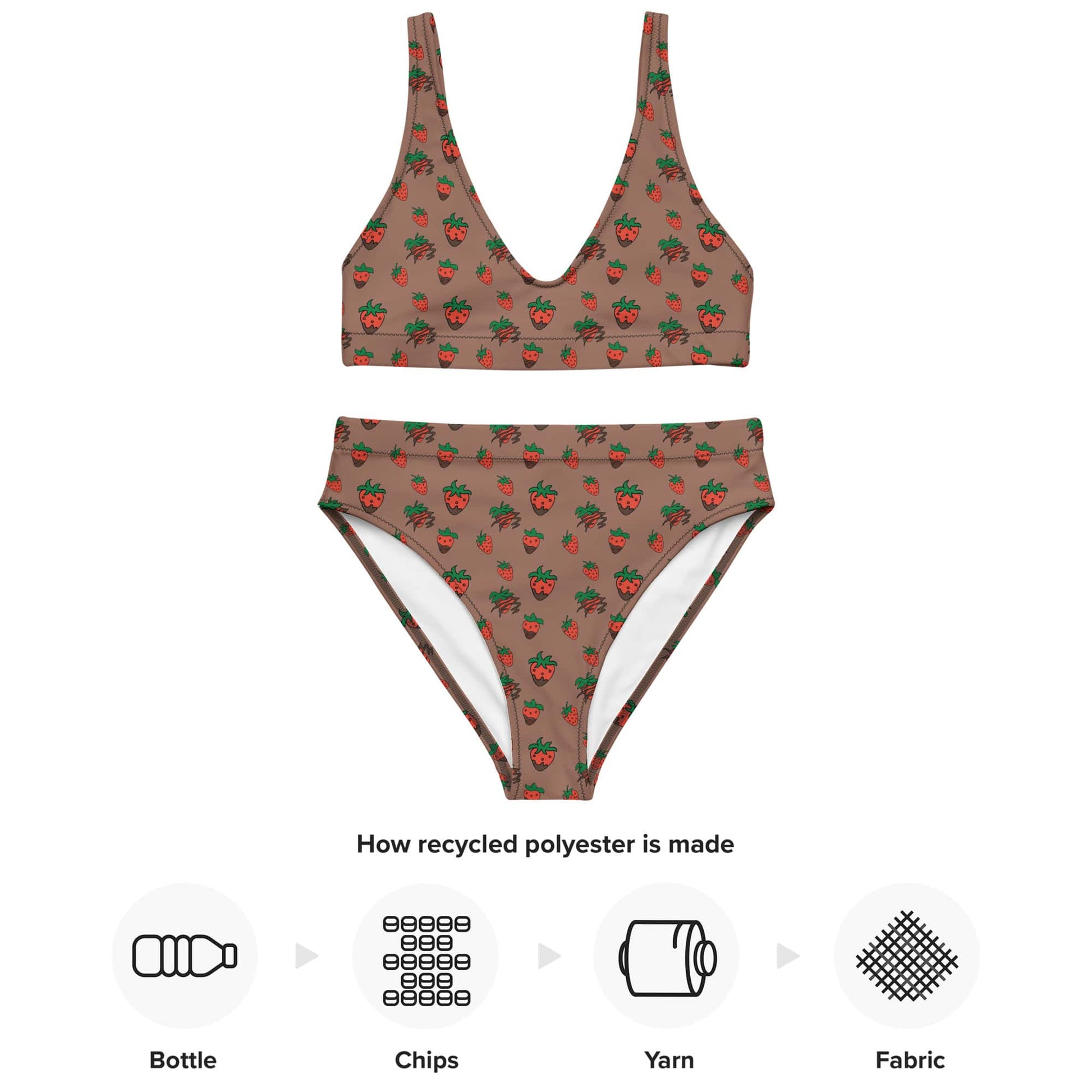 Flat lay of a brown high-waisted bikini with cute strawberry print made from recycled polyester, shown with infographic of recycled material process.
