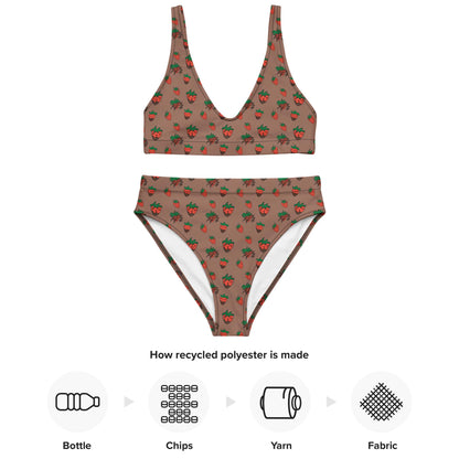 Flat lay of a brown high-waisted bikini with cute strawberry print made from recycled polyester, shown with infographic of recycled material process.