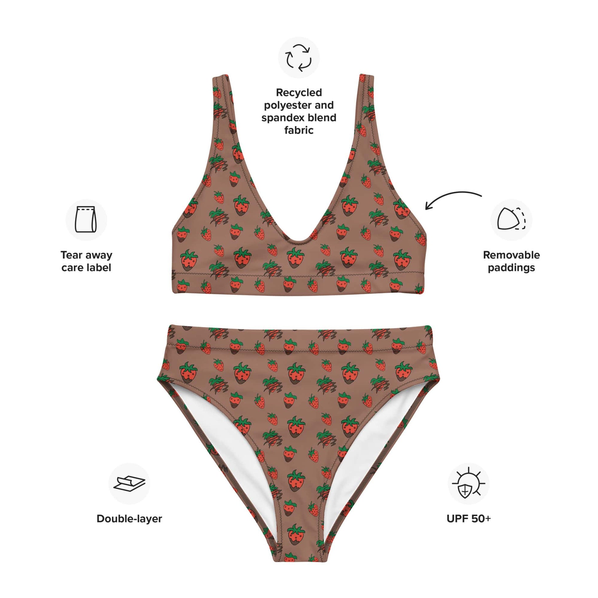 Flat lay of a brown high-waisted bikini with cute strawberry print made from recycled polyester, shown with infographic of product details.
