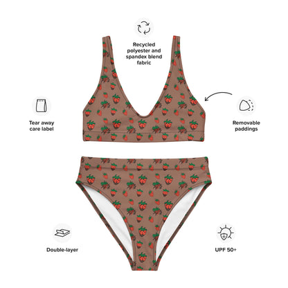 Flat lay of a brown high-waisted bikini with cute strawberry print made from recycled polyester, shown with infographic of product details.