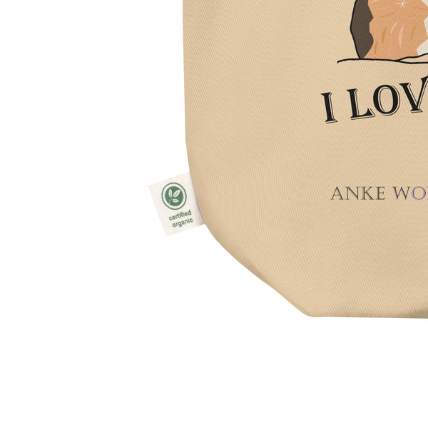 Close-up of the I Love Guinea Pigs Tote Bag highlighting its certified organic cotton material, emphasizing sustainability and quality.