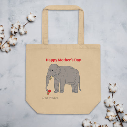 Organic tote bag with Happy Mother’s Day message and a hand-drawn elephant holding a red flower.