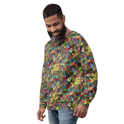 Man wearing a colorful floral patterned sweatshirt on a white background