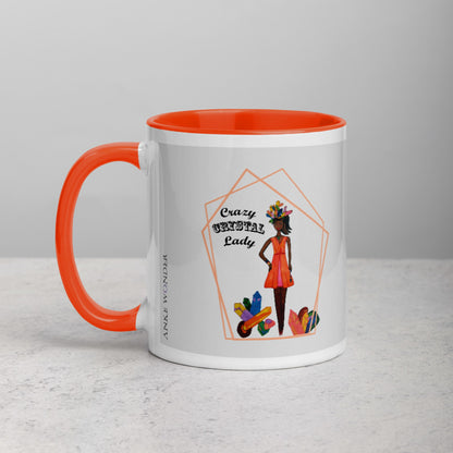 Mug with orange interior and handle, featuring a graphic of a black woman and 'Crazy Crystal Lady' text on a gray background