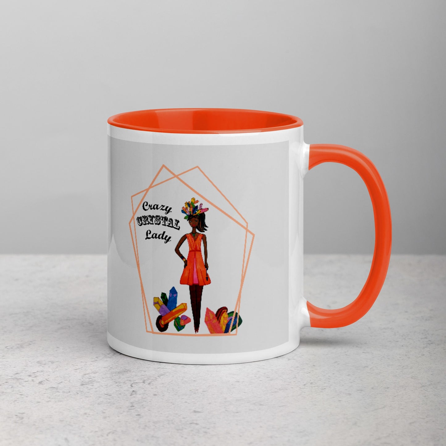 Mug with a colorful design of a black woman and text 'Crazy Crystal Lady' on a gray background