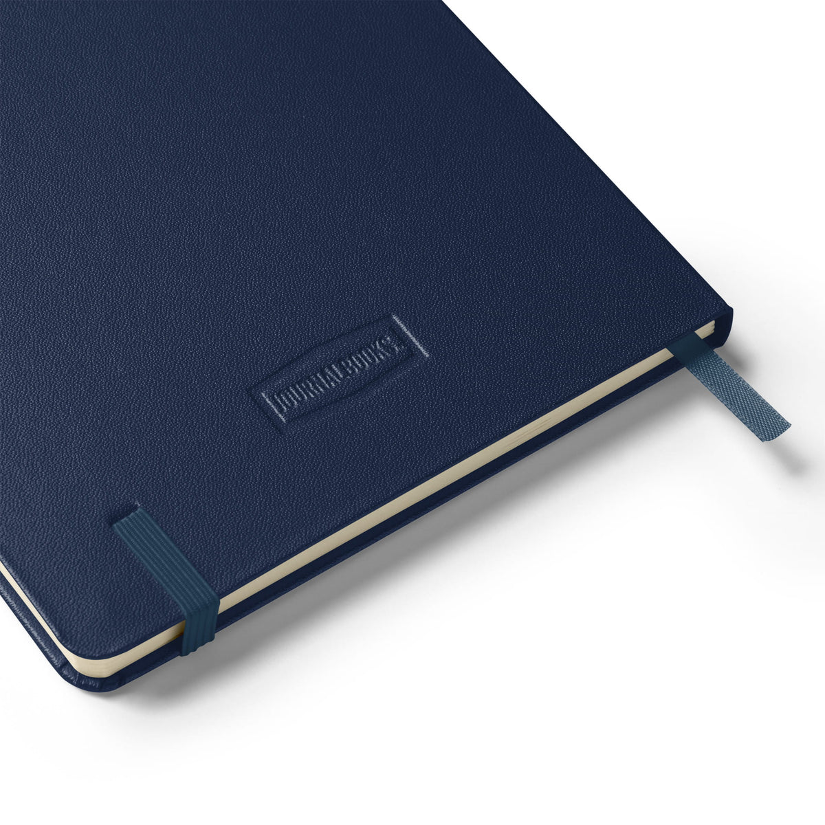 Blue notebook with a visible brand logo on a white background