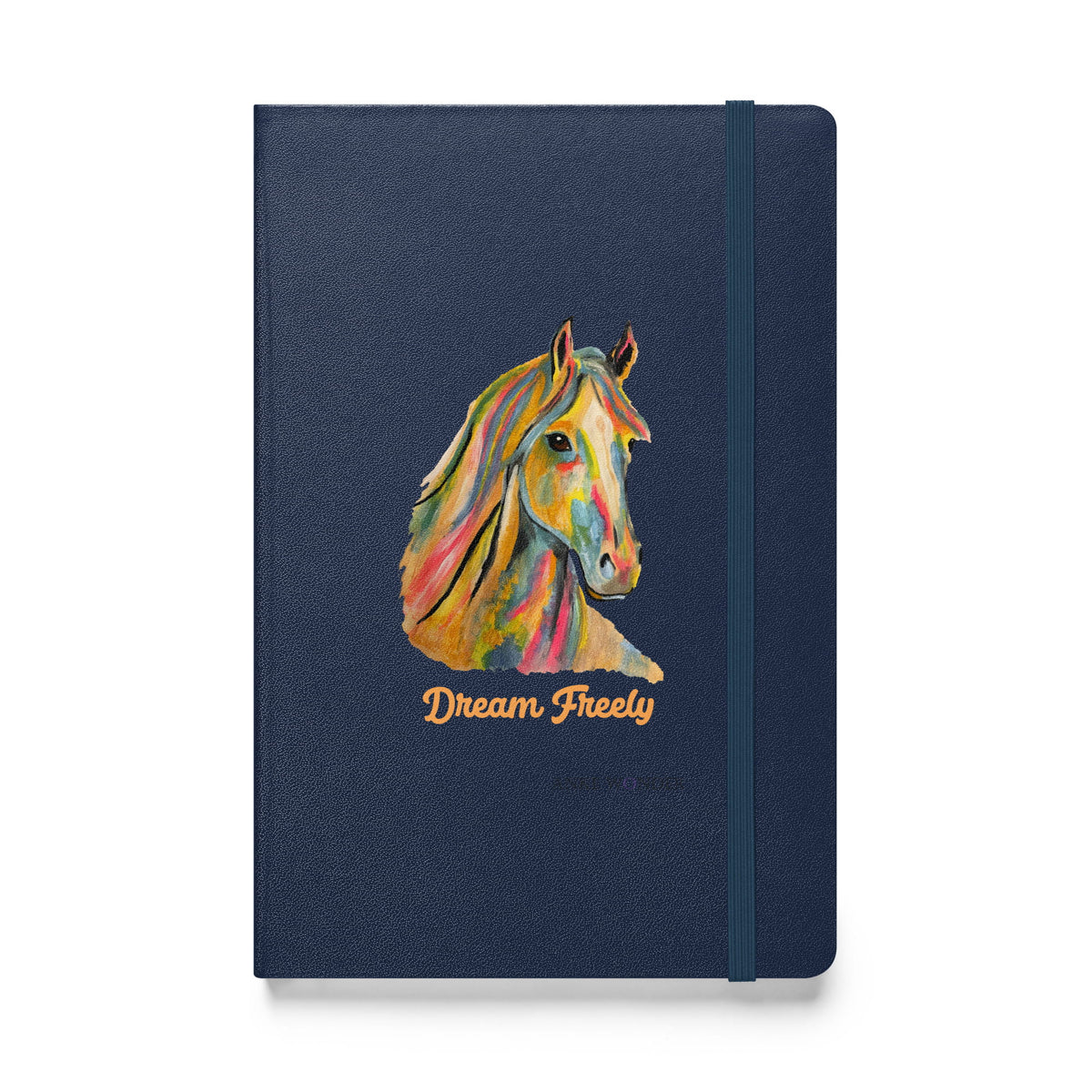 A navy blue hardcover notebook with an elastic closure band, featuring a colorful painted horse head illustration and the words 'Dream Freely' in gold on the front cover, shown against a plain white background.