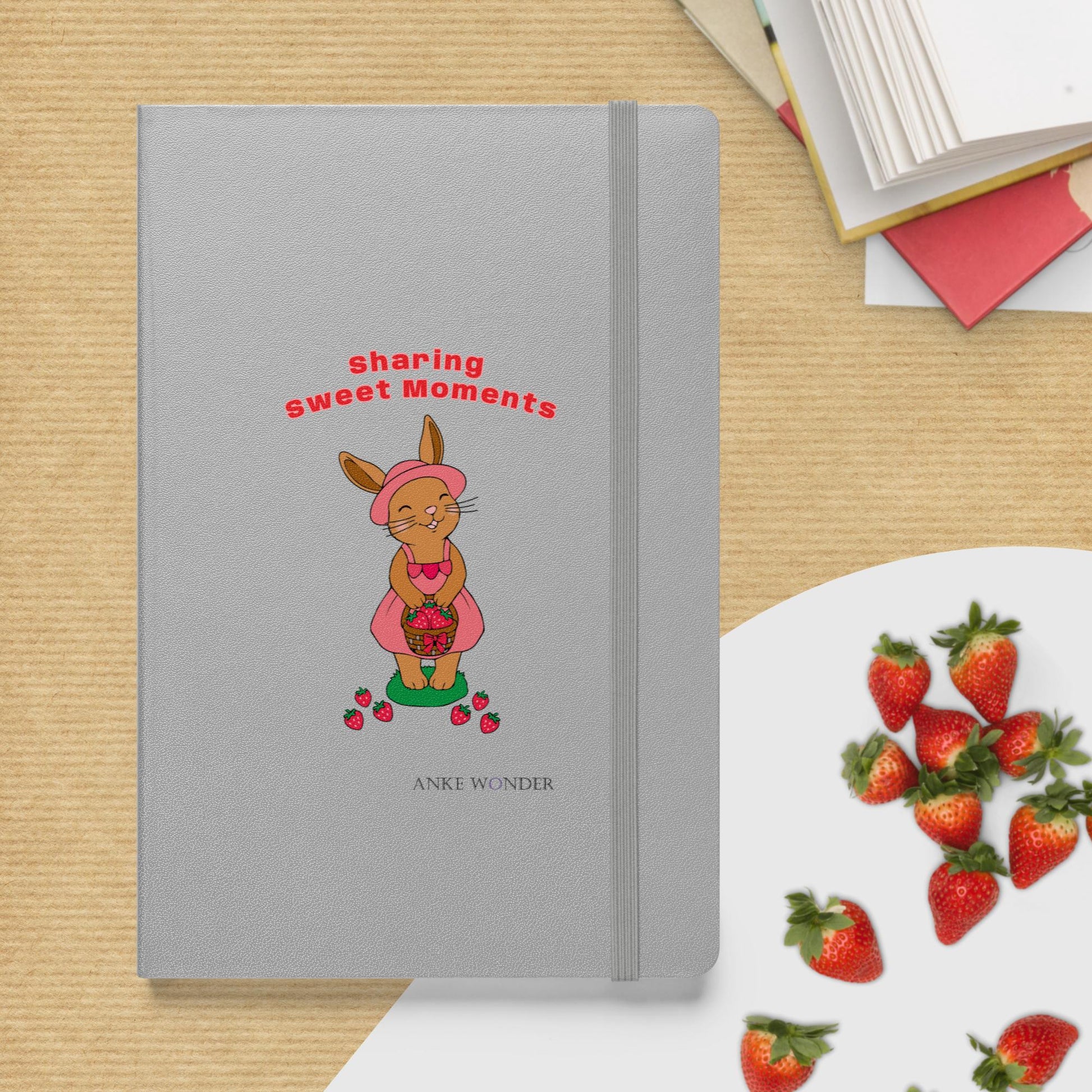 Gray notebook with a rabbit illustration and 'sharing sweet moments' text on a wooden surface with strawberries.
