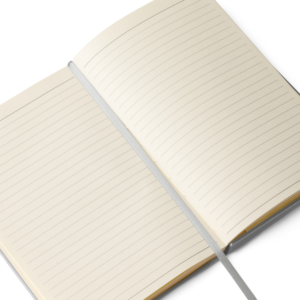 Open lined hardcover notebook with grey ribbon.