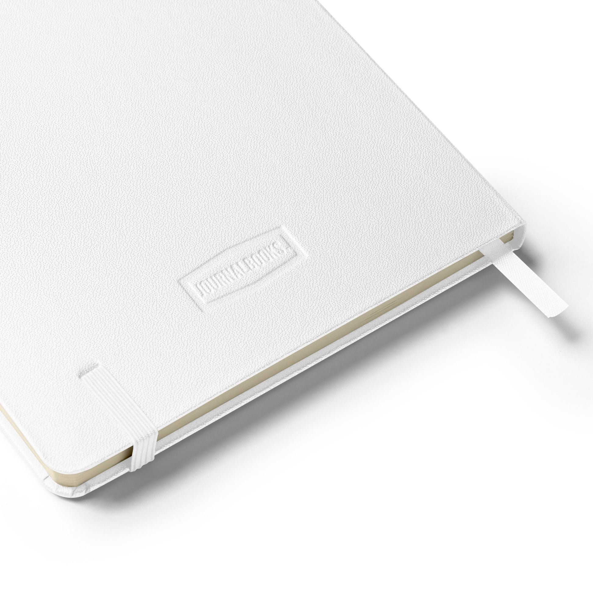 Backside of white notebook with white elastic strap on a white background