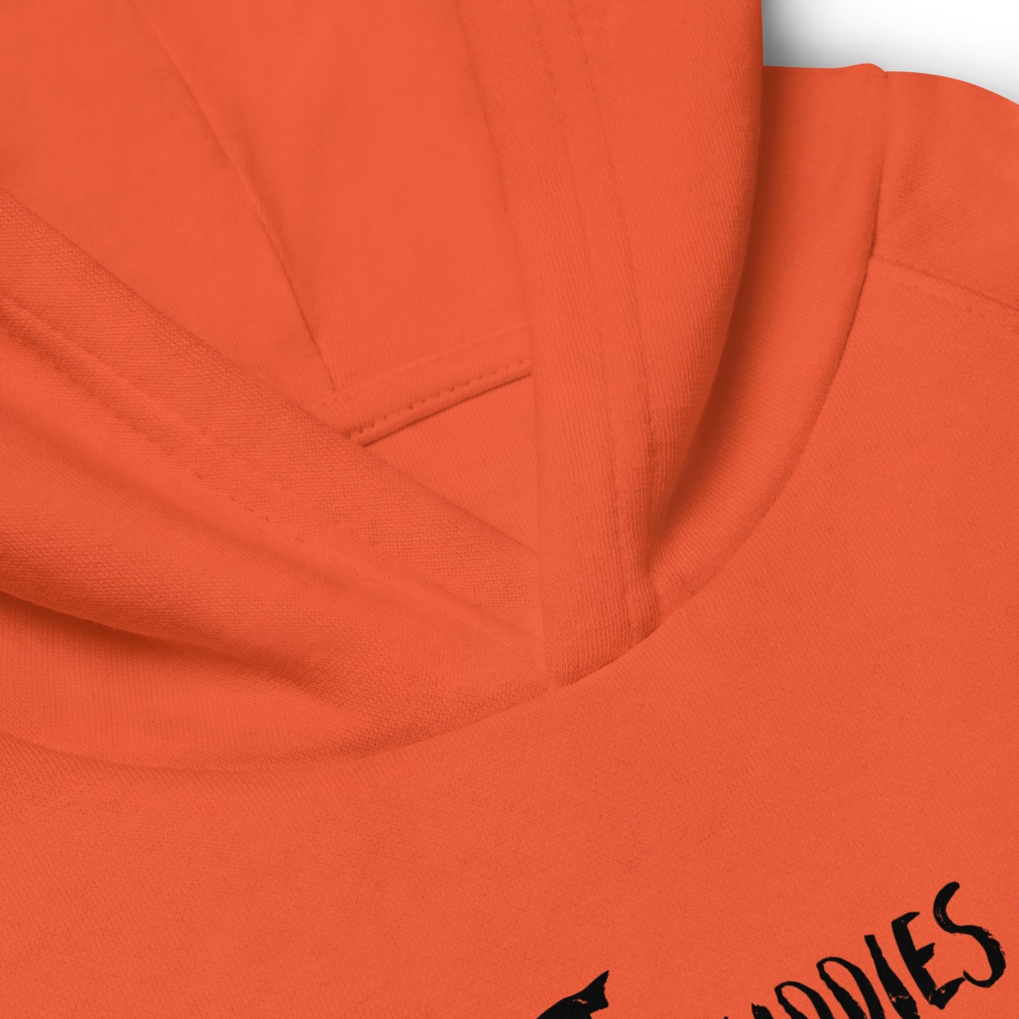 Close-up of an orange kids hoodie to showcase the round neckline.