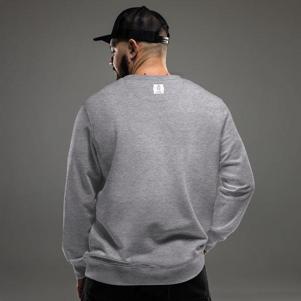 Back view of a women's organic cotton Christmas sweatshirt, showing a clean and simple design in grey melange with Anke Wonder logo, perfect for eco-conscious holiday style.