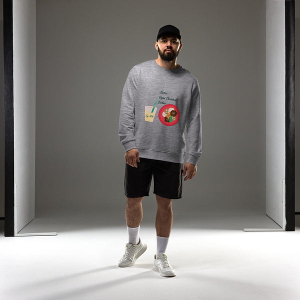 Men wearing an organic cotton Christmas sweatshirt in grey melange, showcasing the cozy fit and holiday design, saying 'Santa's Vegan Christmas Cookies".