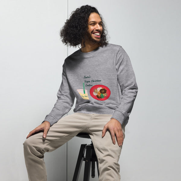 Front view of a men's organic cotton Christmas sweatshirt in grey melange, featuring the "Santa's Vegan Christmas Cookies" illustration in festive colors.