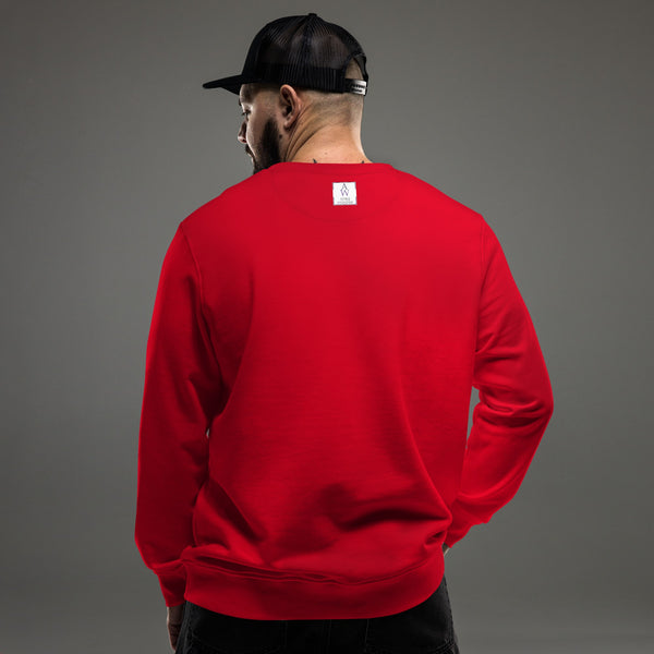 Back view of a men's organic cotton Christmas sweatshirt, showing a clean and simple design in red with the Anke Wonder Logo, perfect for eco-conscious holiday style.