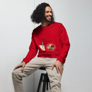 Front view of a men's organic cotton Christmas sweatshirt in red, featuring the "Santa's Vegan Christmas Cookies" illustration in festive colors.