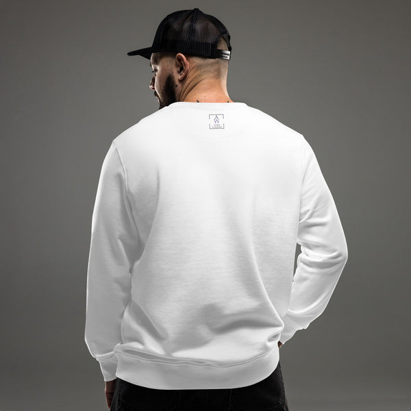 Back view of a men's organic cotton Christmas sweatshirt, showing a clean and simple design in white with Anke Wonder Logo, perfect for eco-conscious holiday style.