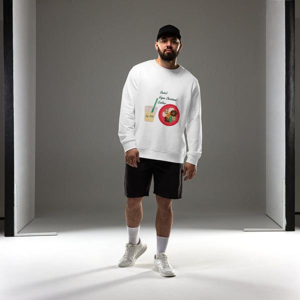 Men wearing an organic cotton Christmas sweatshirt in white, showcasing the cozy fit and holiday design, saying 'Santa's Vegan Christmas Cookies".