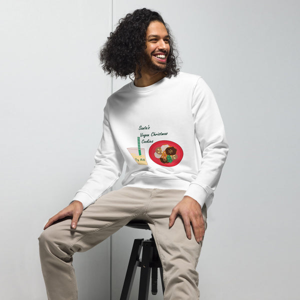 Front view of a men's organic cotton Christmas sweatshirt in white, featuring the "Santa's Vegan Christmas Cookies" illustration in festive colors.