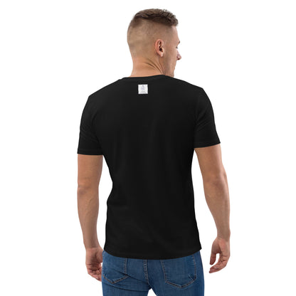 Back view of a men's organic cotton t-shirt in black with Anke Wonder Brand Label. Simple, comfortable, and eco-friendly design.
