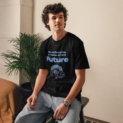 Angled front view of the men's t-shirt in black featuring the “Be defined by a vision of the Future” quote with futuristic dream catcher design.