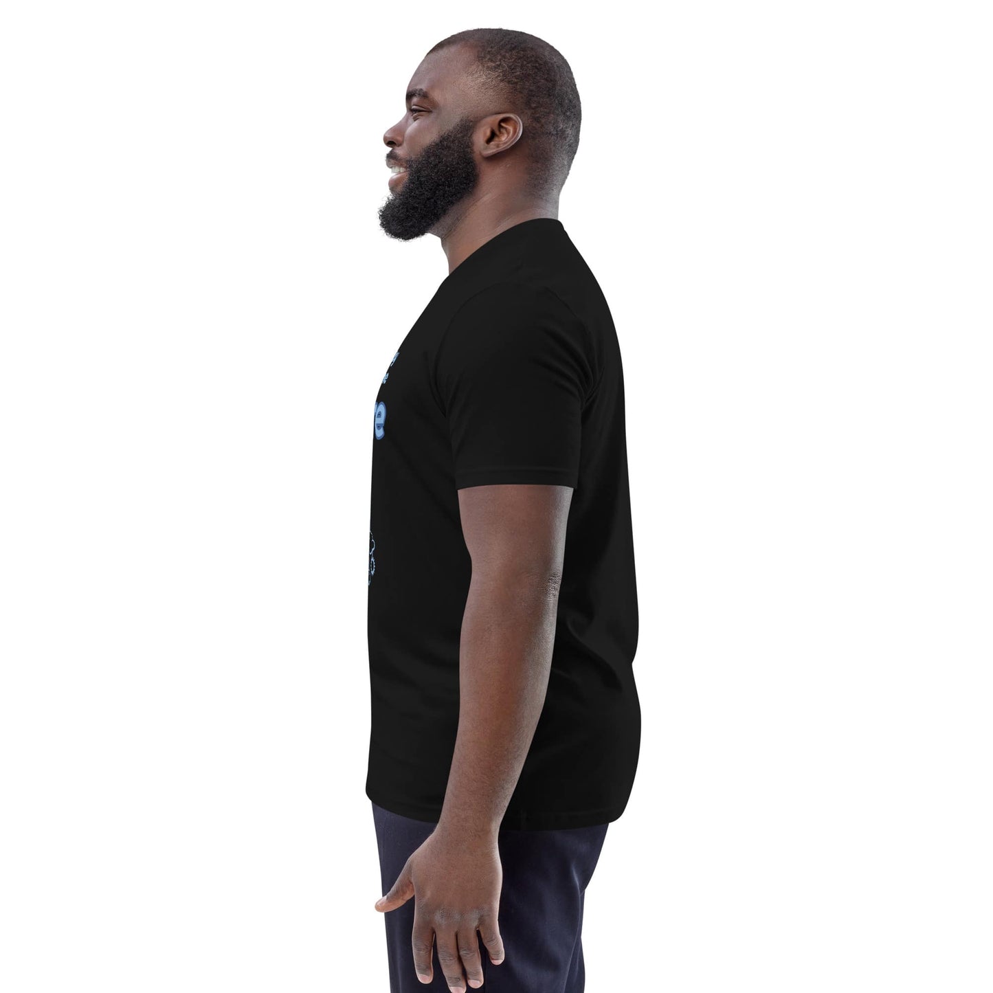 Side view of the men's organic Future Vision t-shirt in black, highlighting the soft fit and breathable organic cotton fabric.