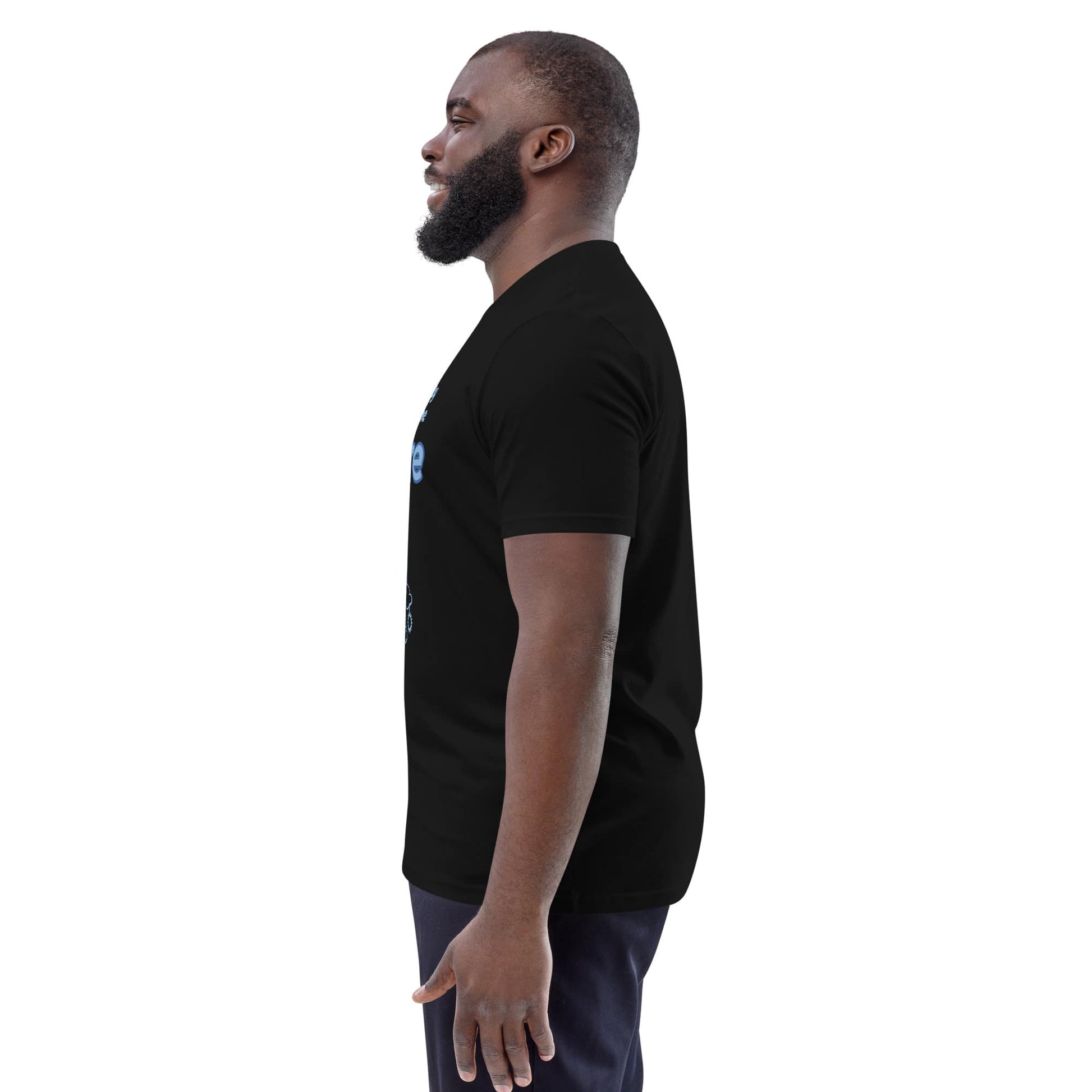 Side view of the men's organic Future Vision t-shirt in black, highlighting the soft fit and breathable organic cotton fabric.