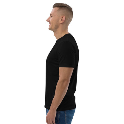 Side view of a men's organic cotton t-shirt in black. Soft, breathable fabric with a modern, relaxed fit.