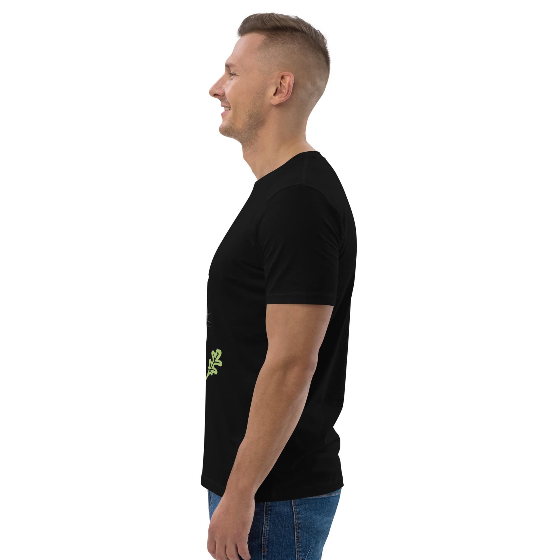Side view of a men's organic cotton t-shirt in black. Soft, breathable fabric with a relaxed fit for everyday comfort.