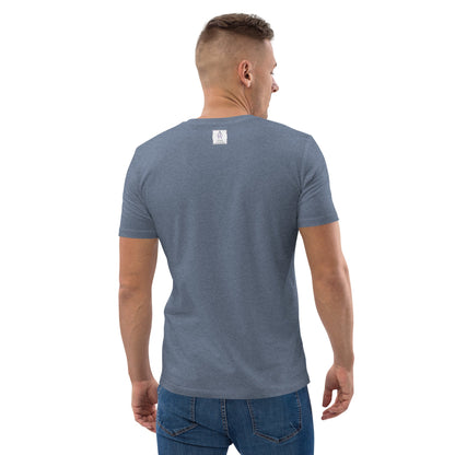 Back view of a men's organic cotton t-shirt in dark heather blue with Anke Wonder Brand Label. Simple, comfortable, and eco-friendly design.