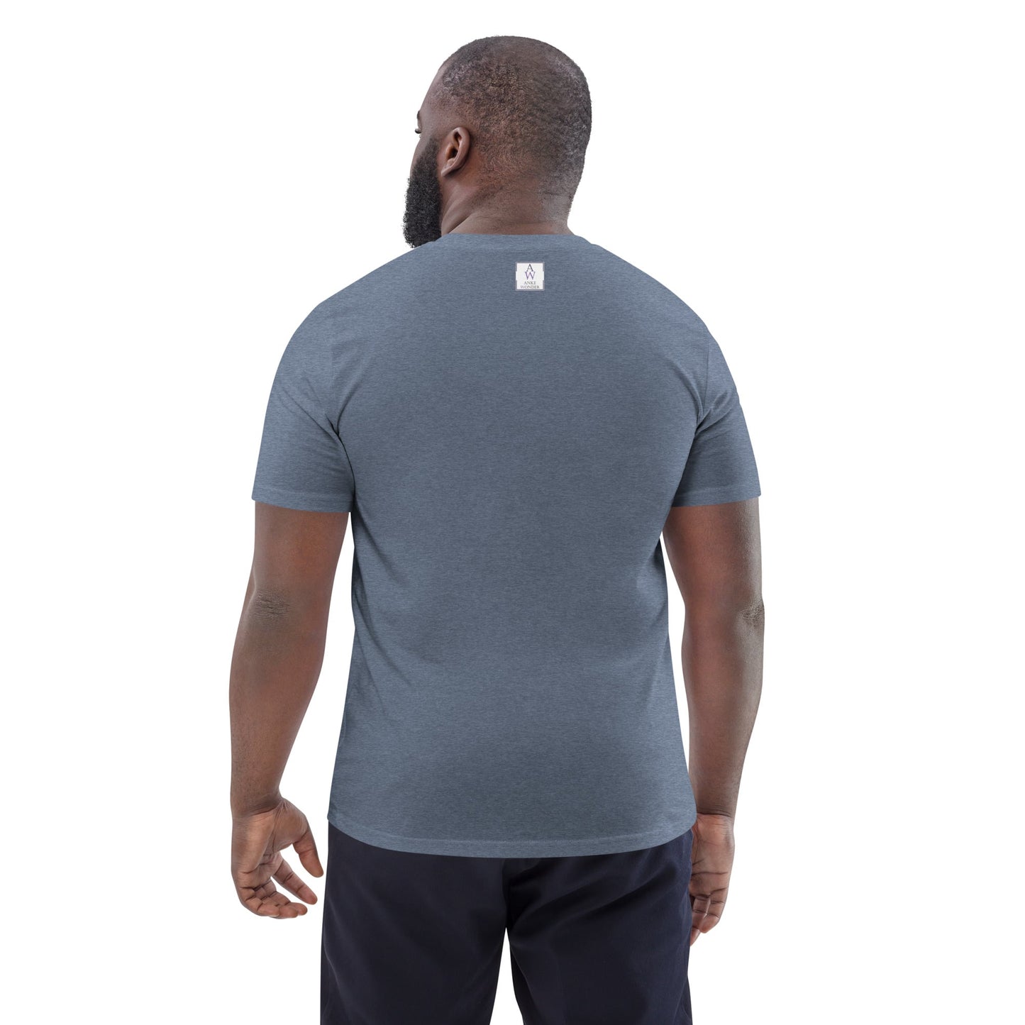 Back view of man wearing organic cotton dark heather blue t-shirt showing minimal Anke Wonder branding and clean design.