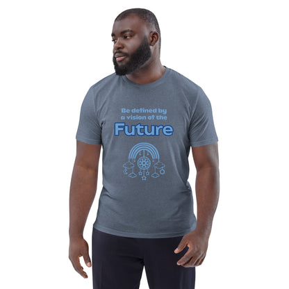 Black Man wearing an organic cotton t-shirt in dark heather blue with the quote “Be defined by a vision of the Future” and a futuristic graphic of clouds, rainbow, stars, and gears.
