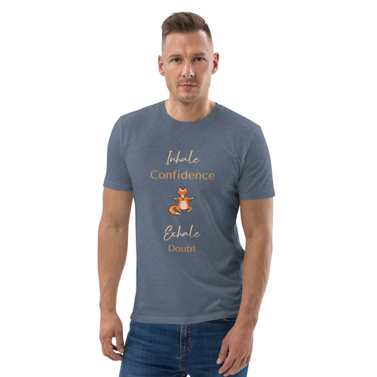 Man wearing a dark heather blue organic cotton t-shirt with the quote "Inhale Confidence, Exhale Doubt" and a meditative fox design. Eco-friendly and breathable fabric.